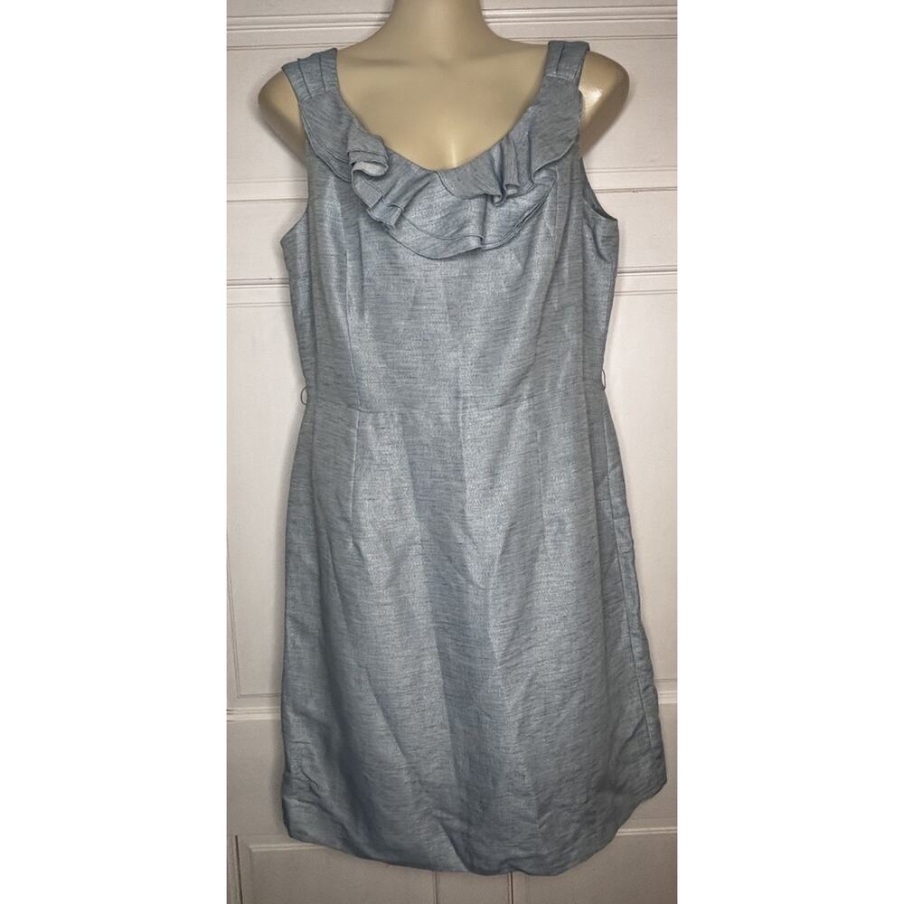 Antonio Melani Light Blue Linen Blend Sheath Dress Ruffle Neck Metallic Size 12
